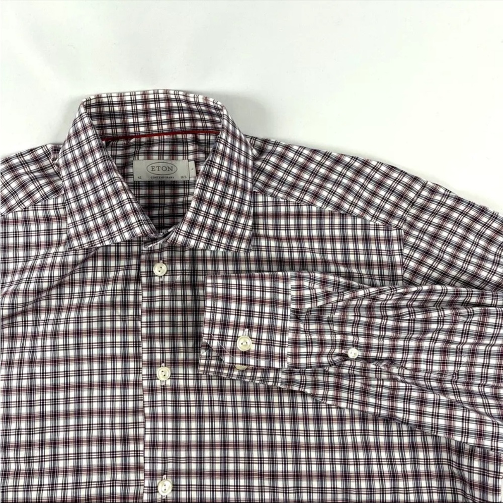 Mens Eton Contemporary Button Up Dress Shirt Sz 16-1/2 Large 42 Wine Blue Plaid - Picture 1 of 7